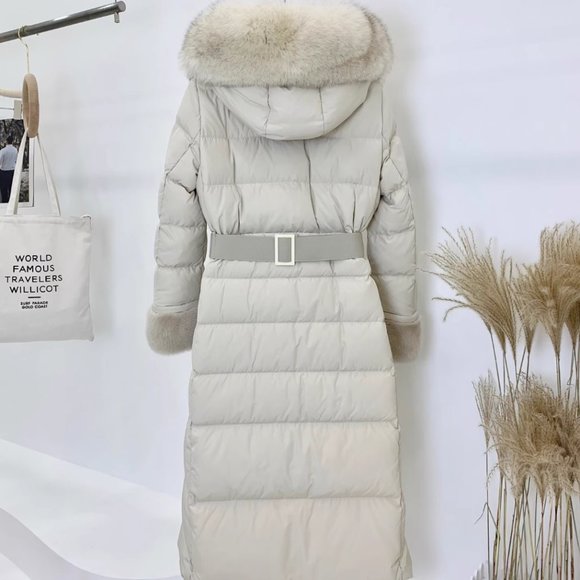 MICHAA Korean Luxury Fox and Mink Fur Long Down Jacket with Belt Size 55 - Picture 2 of 16
